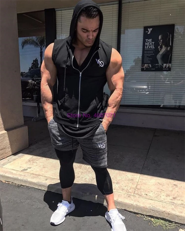 Мужская майка с капюшоном без рукавов на молнии|Беговые жилеты| |