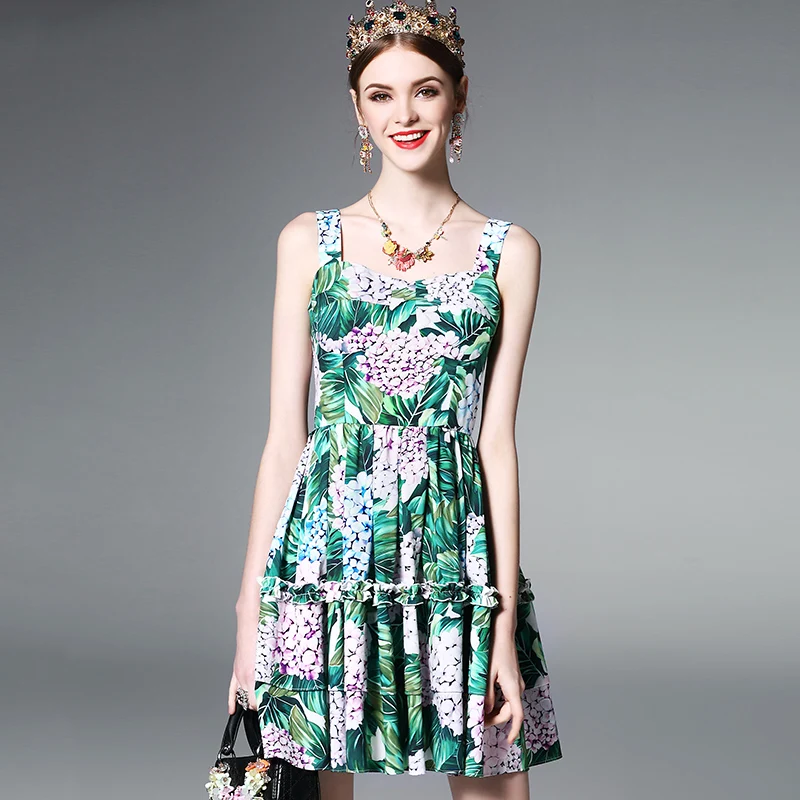 

New High Quality Designer Summer Dress Womens elegant Backless Spaghetti Strap Casual Green Hydrangea Floral Print Short Dress