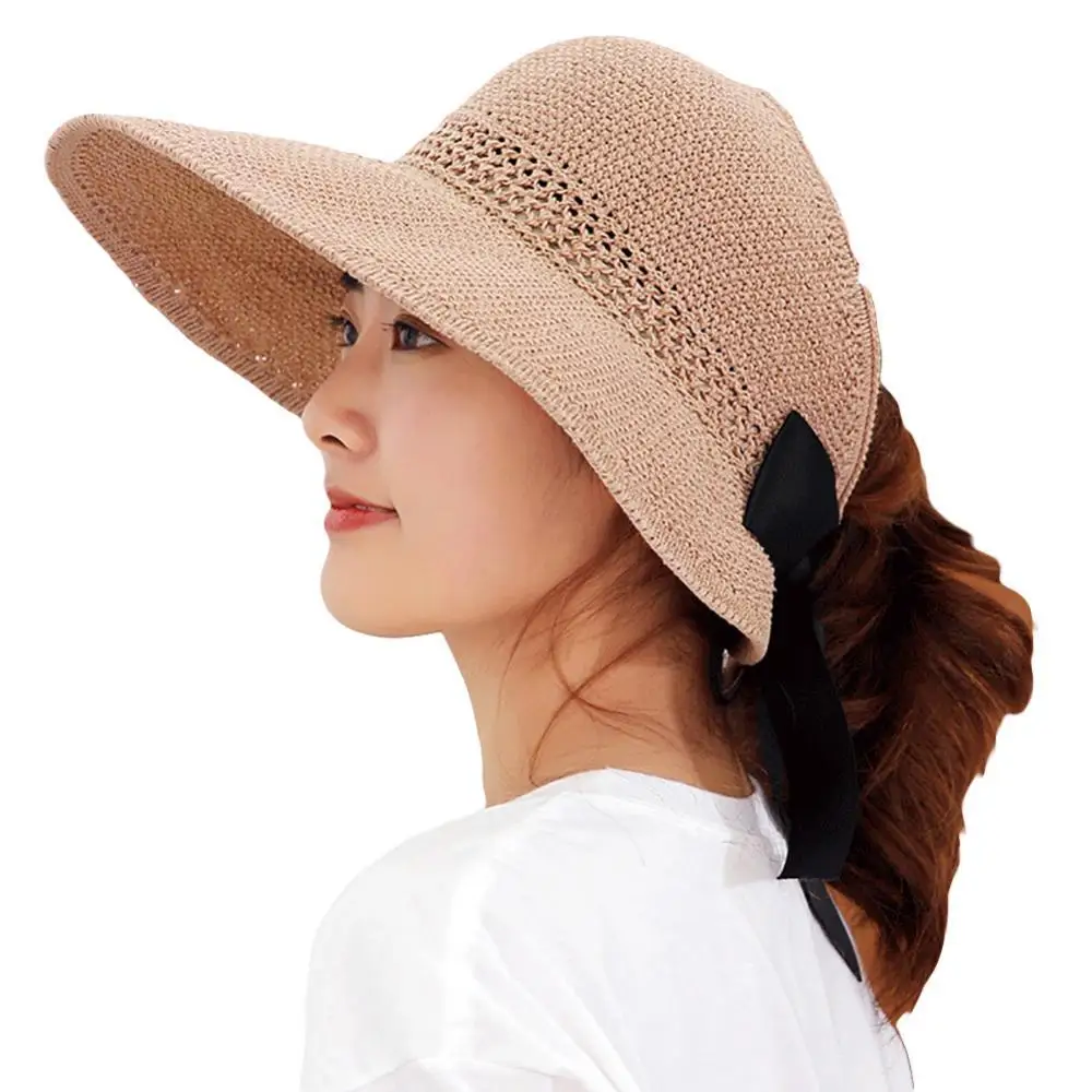

Шляпа женская Соломенная с широкими полями, Модный складной головной убор с вырезами, с солнцезащитным козырьком, с бантом, Пляжная летняя