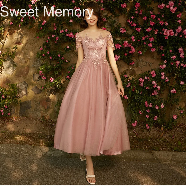 

May0128 Sweet Memory Tea Length Bridesmaid Dresses Bride Guests Lace Embroidery Vintage Wedding Party Dress Robe De Soriee