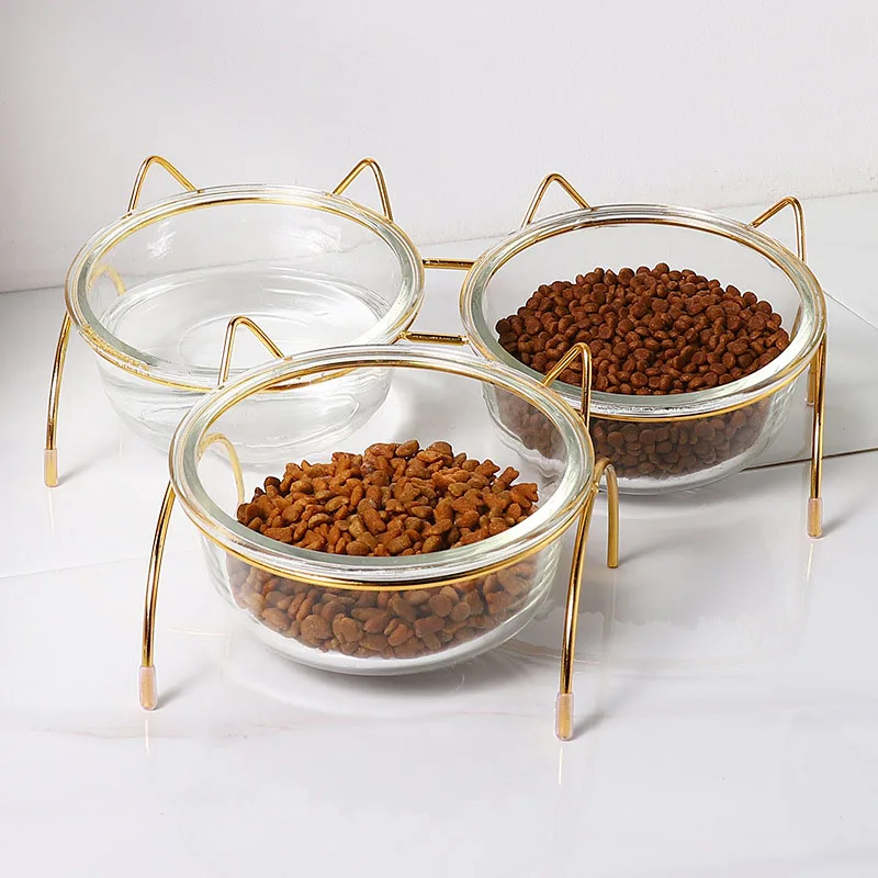 Стеклянная миска для кошек с высокой ногой прозрачная двойная питьевой воды