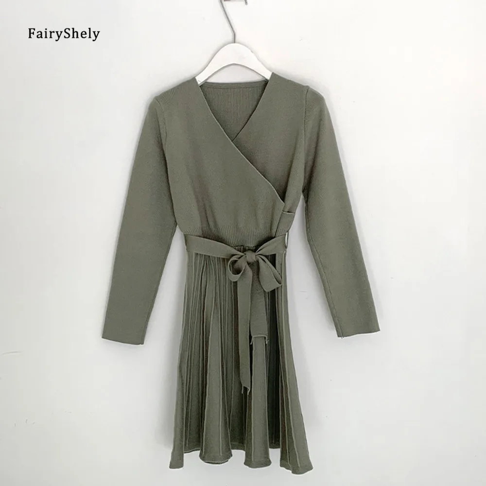 

Fairyshely Korean V Neck Sweater Mini Dress Women 2021 Spring Autumn Club Short Dress Ladies Sexy Hot Knitted Pullover Dresses
