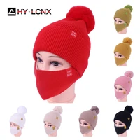 2021 winter women knitted hat face mask set warm womens cap protection girls accessory women pom pom scarf balaclava beanie hat