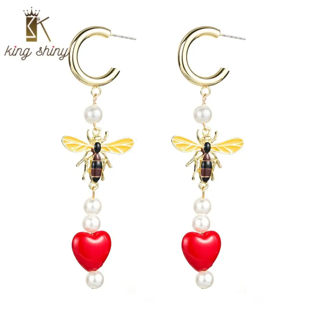 

2020 Korean Imitation Pearl Long Dangle Earrings Woman Heart Insert Drop Boho Cute Bee Statement Pearl Drop Earrings for Woman