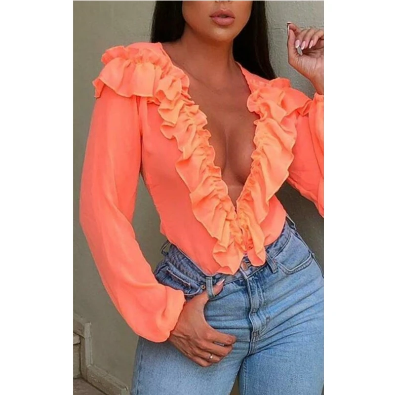

Ladies New Fashion Ruffles Shirts Long Sleeve Deep V Neck Female Summer Office Ladies Tops Clothes