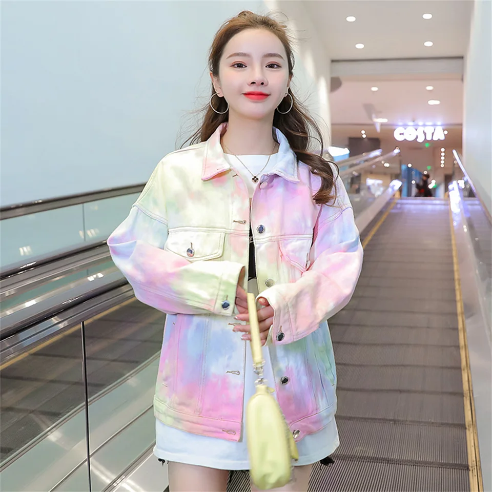 

Fashion Tie dye Autumn Retro Denim Jackets Women Spring Loose All-match Jeans Coat Female Casual Bf Denim Coats Mujer