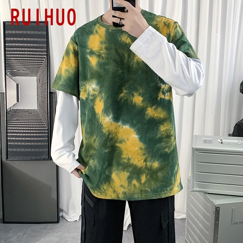 RUIHUO 2022 New Tie-Dye Short Sleeve T Shirt Men tshirt Male Summer Cotton Tee Casual Tops Fashion M-5XL Funny Clothing | Мужская одежда