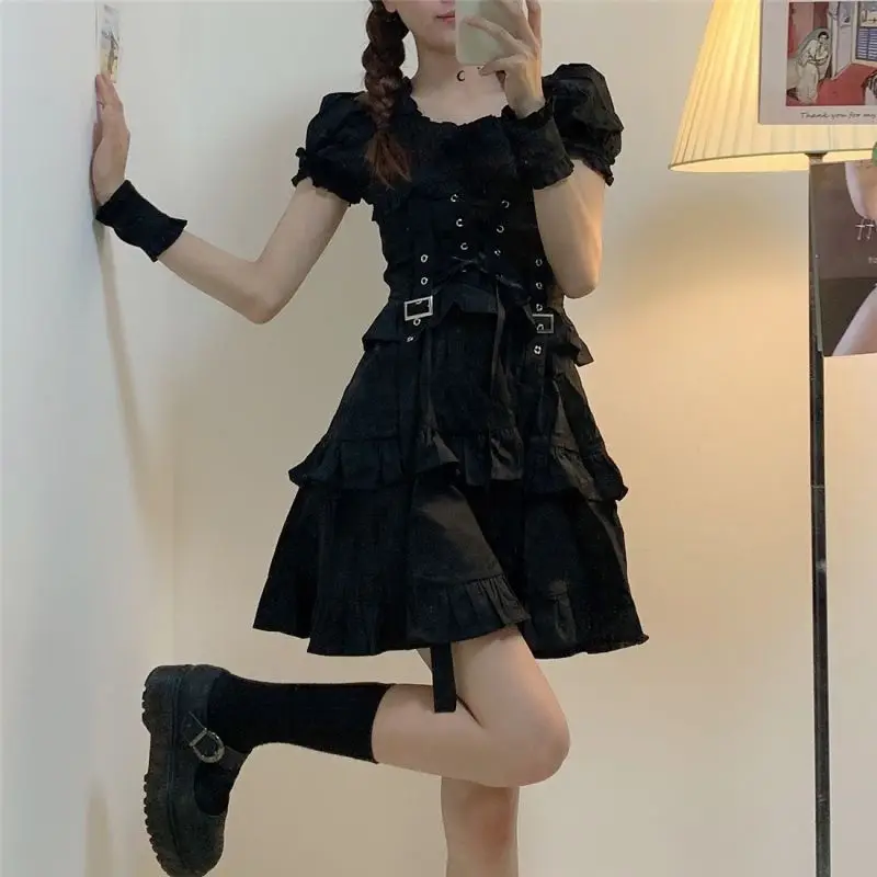 

Women's Gothic Lolita Dress Gothic Punk Mall Goth Kawaii Cute Ruffle Bandage Black Mini Dress 2021 Emo Clothes Summer