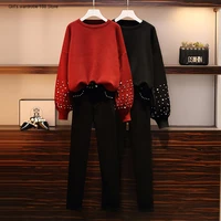 large size womens clothing autumn 2020 new womens sister slimming age reducing sweater sweater ankle pants two piece suit