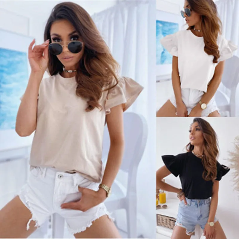 

Summer Women Short Sleeve T-Shirt White Elegant Butterfly Sleeve Shirt Ladies Solid Color O-Neck Tee Plus Size Women's Tops