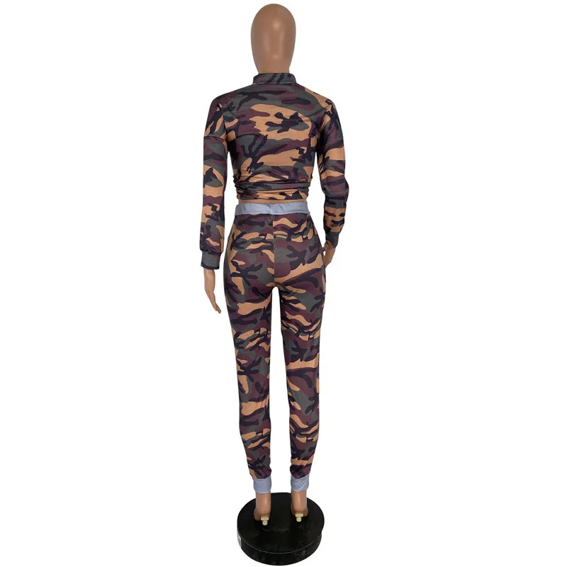 

Two Piece Set 2019 Autummn women crop tops High Waist Long pants 2pcs camouflage print outfits Ladies Slim matching Clothes sets