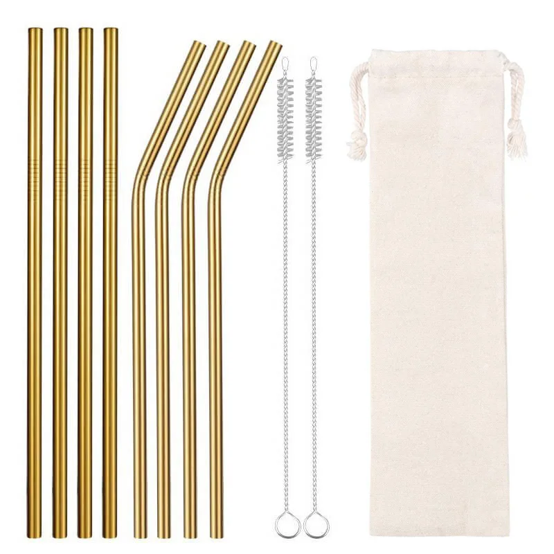 Gold 8pc Металлические соломинки из нержавеющей стали питьевой прямой/Изогнутые многоразовые соломенные соломинки, с чистящей щеткой для кружек 20/30 oz, серебристый/черный - Цвет: Gold 8pc