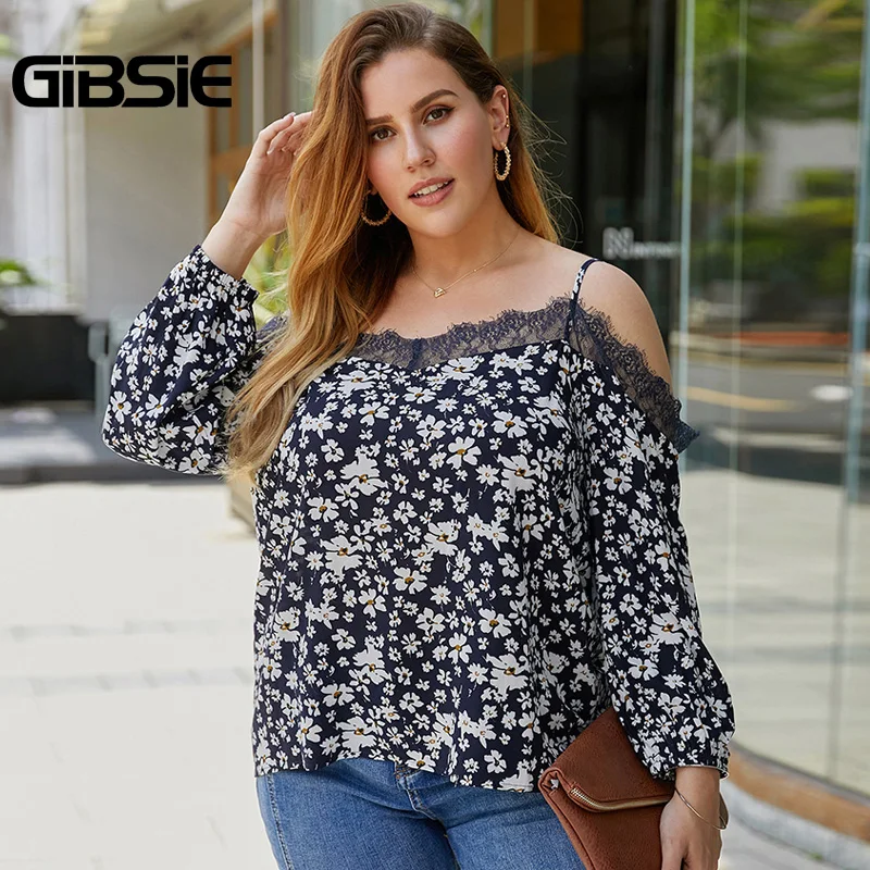 Женская блузка GIBSIE размера плюс с цветочным принтом и кружевной вставкой осенняя