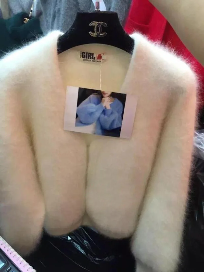 Мохеровый вязаный свитер с V образным вырезом кашемировая вязаная пушистая