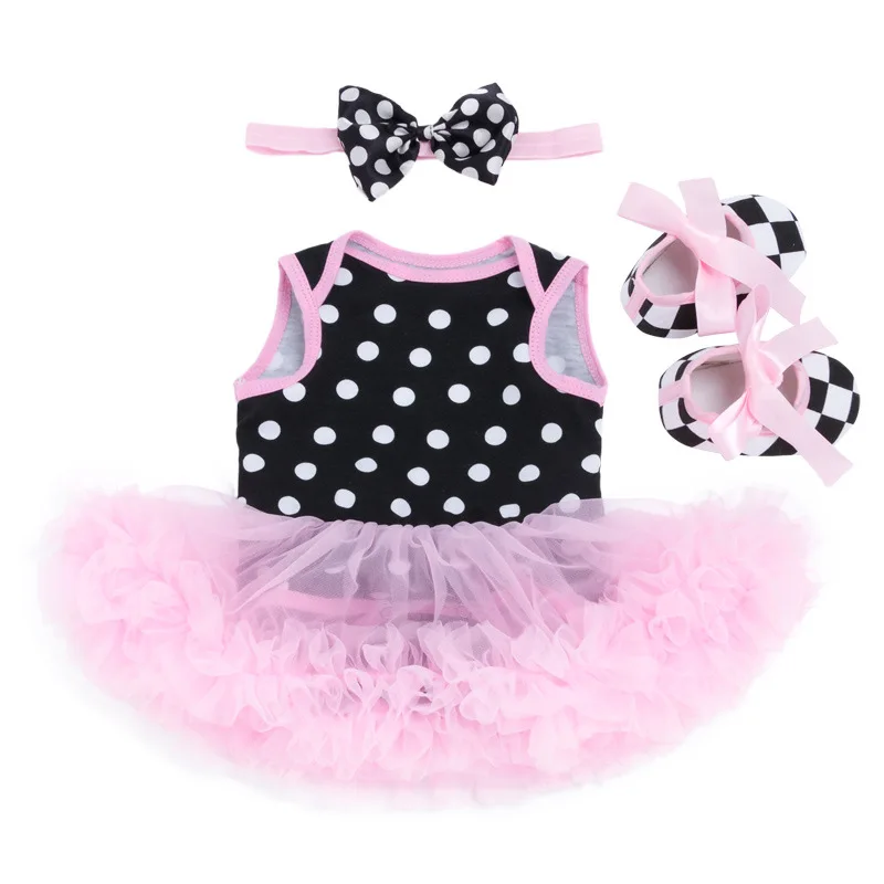 

Summer new baby sleeveless jumpsuit suit female baby polka dot mesh dress + head card + shoes cotton casual three-piece suit