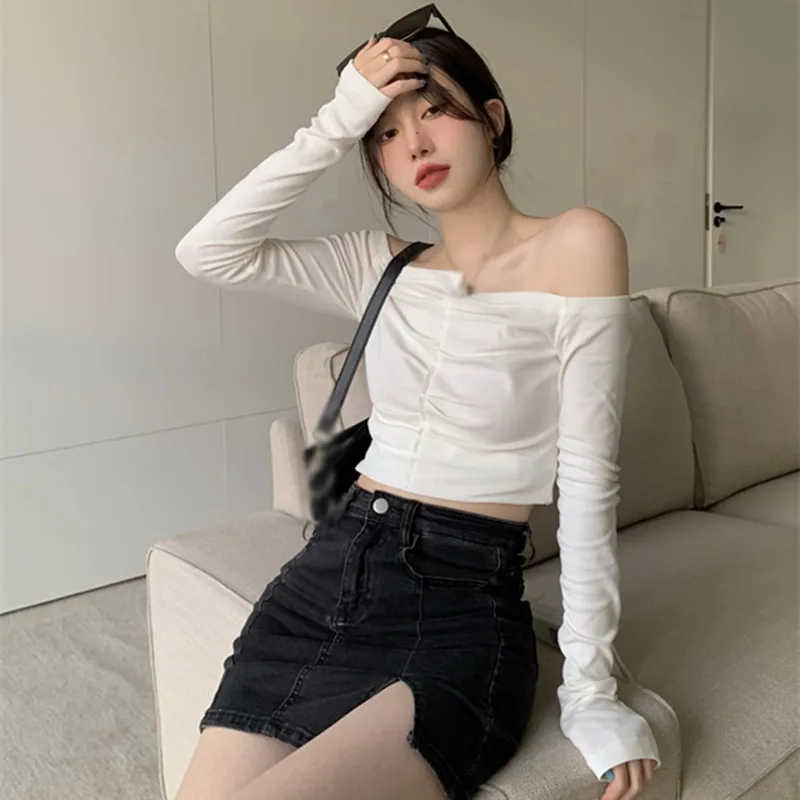 

Casual Ladies T-Shirts Autumn Spring Long Sleeve Off Shoulder Solid Color Fashion T Shirts Tops for Women