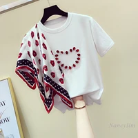 scarf stitching diamond beaded short sleeve t shirt women 2021 spring and summer korean style loose tee shirts tops white color