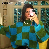 knitted checkered sweaters women 2021 autumn winter fashion loose long sleeve top pullover streetwear casual oversized sweater