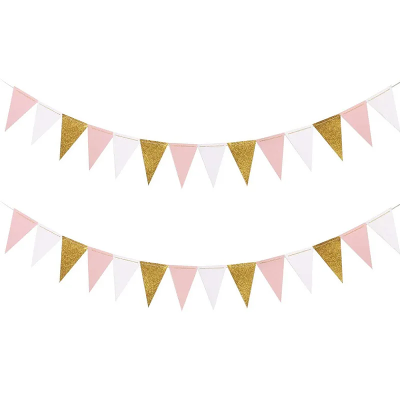 10Ft Pink White Gold Paper Triangle Garland Flag Bunting Pennant Banner for Wedding Bridal Shower Birthday Party Home Decoration
