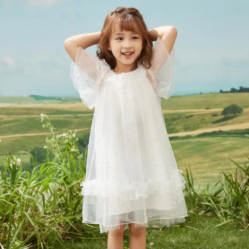 

Sweet Princess Dress For Girls Summer Short Sleeve Loose Hem Mesh Gown Kids Daily Casual Light Gowns Children Clothing 3-12years