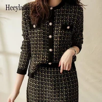 fall winter office ladies knitted tweed suit single buttons breasted cardigans coat top and high waist mini skirt knit 2pcs sets
