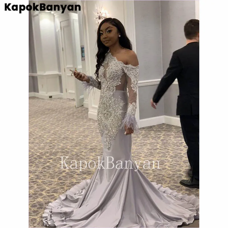 long prom dresses Lace Appliques Beads Feather One-shoulder Long Sleeves Satin Mermaid Prom Dress Illusion Formal Evening Gown yellow prom dresses