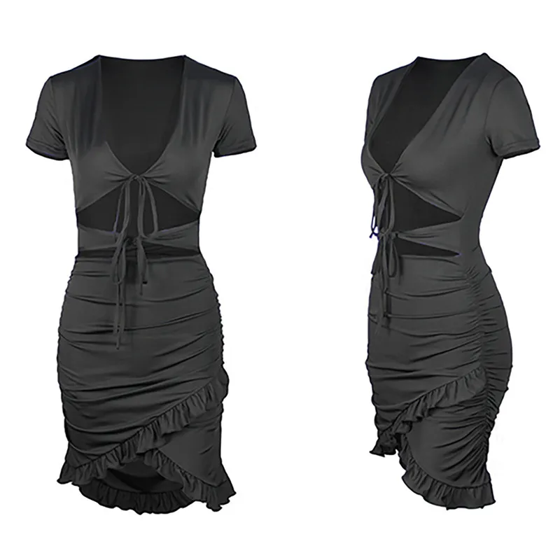 

Sexy Deep V-Neck Hollow Ruffled Bag Hip Women Dress Summer Solid Irregular Mini Dress Female Party Nightclub Black Dresses 2021