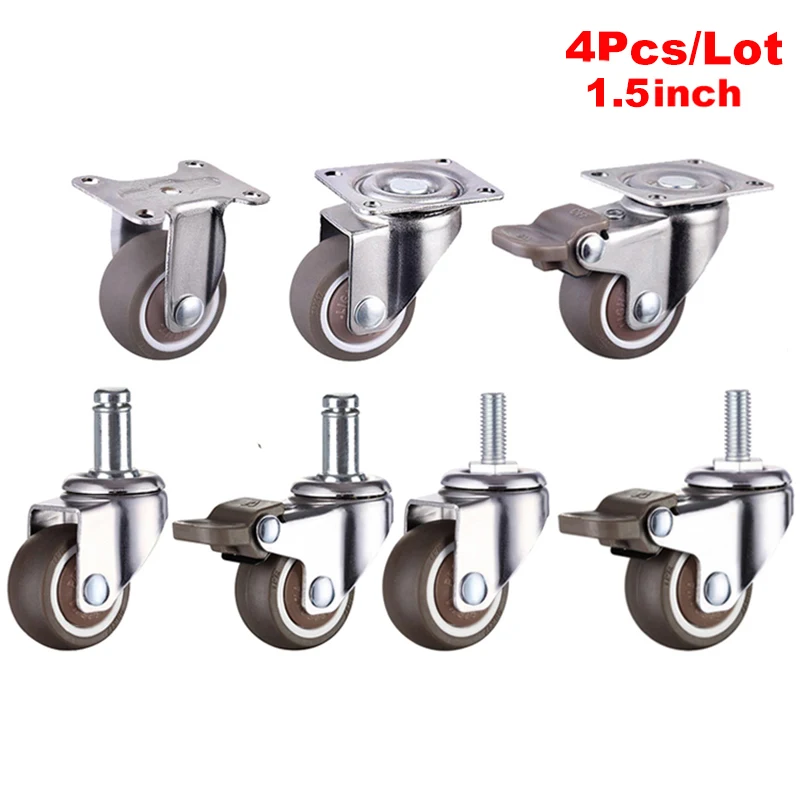 

4Pcs Ultra Quiet Swivel Rubber Wheel 1.5 Inch With Brake Cabinet Furniture Casters Brake Wheel Trolley TPE Caster Wheel