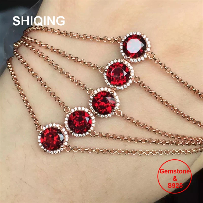 

SHIQING крови красного цвета Природа Гранат 925 стерлингового серебра Круглый простой пасьянс настоящий драгоценный камень браслет для девочек