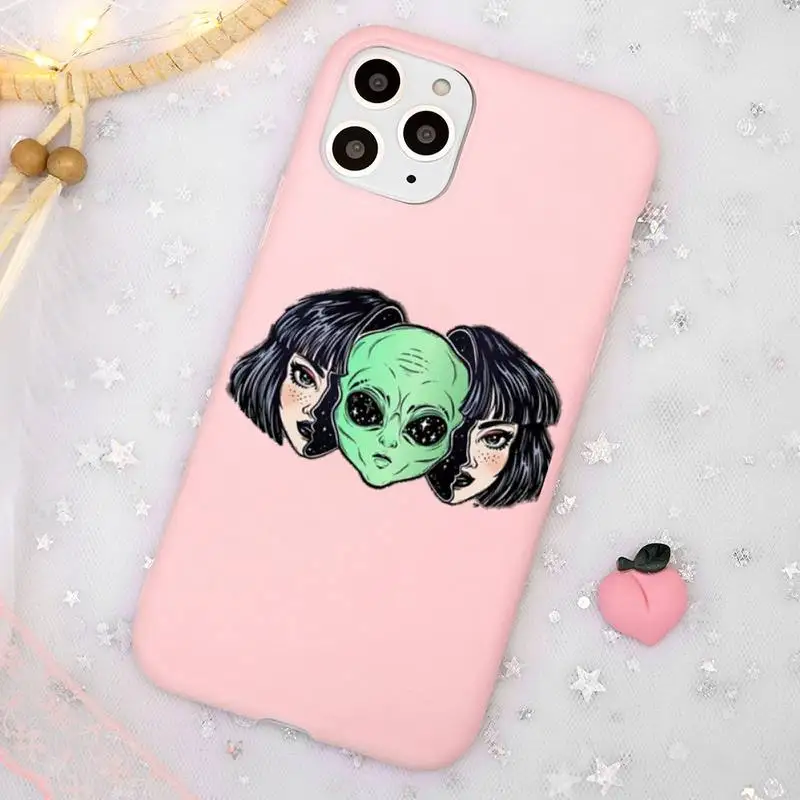 

Aesthetics Cartoon alien space Phone Case Candy Color Pink for iPhone 11 pro XS MAX 8 7 6 6S Plus X 5S SE 2020 XR