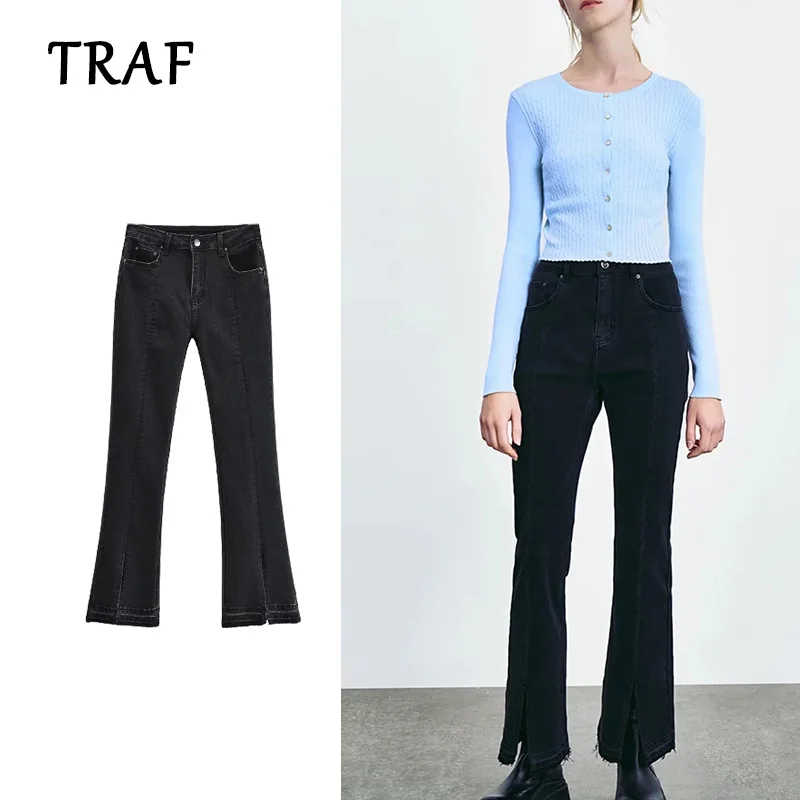 

TRAF Za 2021 New Casual Fashion Elasticity Trumpet Pants Women Streetwear Female Solid Color Split Fork Trousers