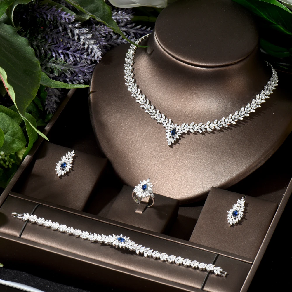 HIBRIDE микро инкрустированный лист дизайн AAA кубический цирконий ожерелье и серьги набор для женщин свадебный комплект ювелирных изделий син...