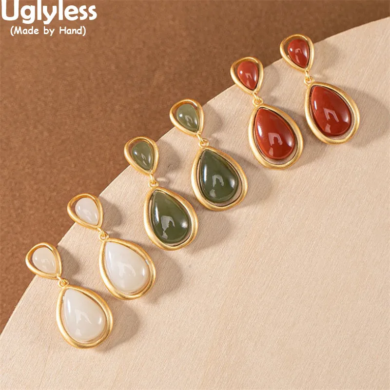 

Uglyless Elegant Lady Water Drop Gemstones Earrings for Women Natural Jade Agate Dress Jewelry Gold 925 Silver Brincos Bijoux