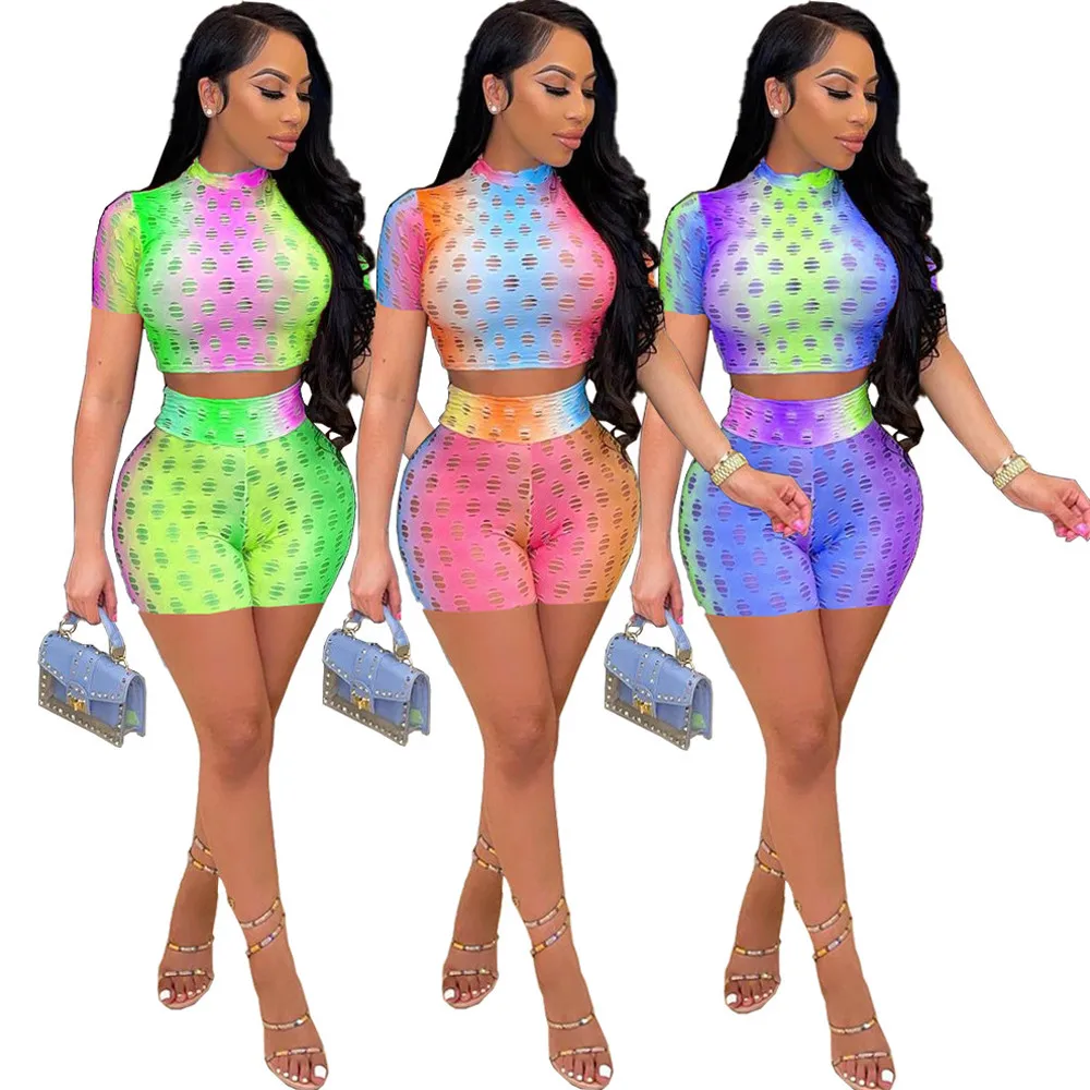 

Gradient Hollow Out Fitenss Two Piece Short Sets 2021 Women Sexy Short Sleeve Bandage Crop Top+beach Shorts See Through Suits