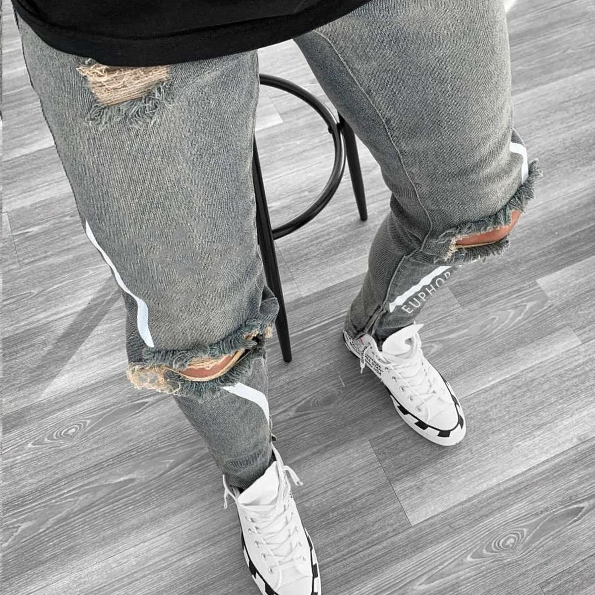 

Ripped Hole Man Jeans New Hot 2021 Spring Summer Plus Size Slim Fit Male Demin Pant Print Full-length High Street Pencil Pants