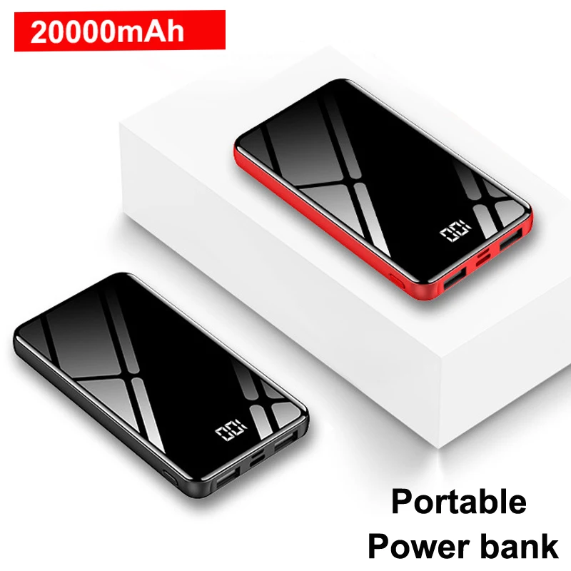 Портативное зарядное устройство 20000 мА/ч, мини внешний аккумулятор для Xiaomi, быстрая зарядка, 2 USB, 20000 мА/ч, внешний аккумулятор с зеркальным экраном
