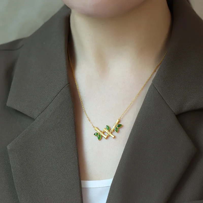 

Natural Hotan Jade Jasper Bamboo Knot Necklaces Earrings Ring Chinese Style Retro Unique Ancient Gold Craft Charm Female Jewelry
