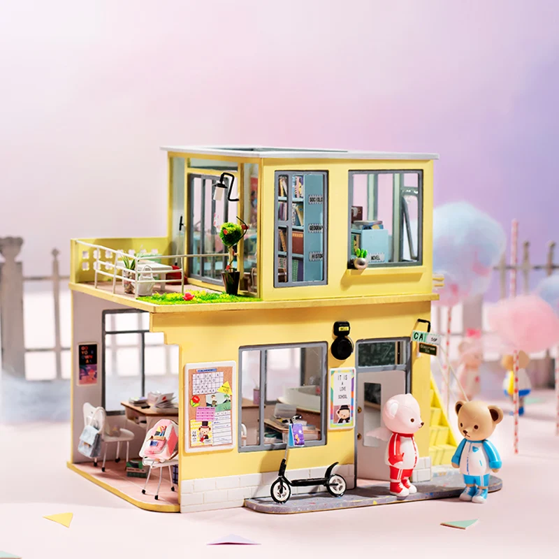

Miniature House Teddy Dollhouse Miniature Wooden Doll House with Furnitures Model Building Kits Handmade Toys for Drop Shipping