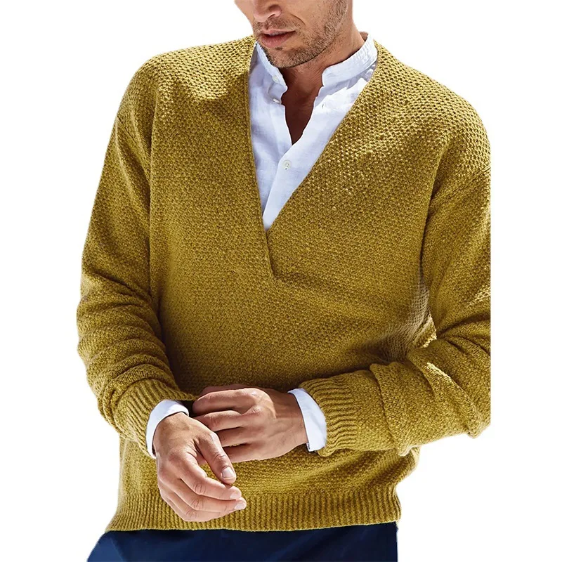 

European And American Fashion Commuter Men's Pullover V-neck Knitted Men's Sweater Sweater Solid Color Long-sleeved Knitted Swea