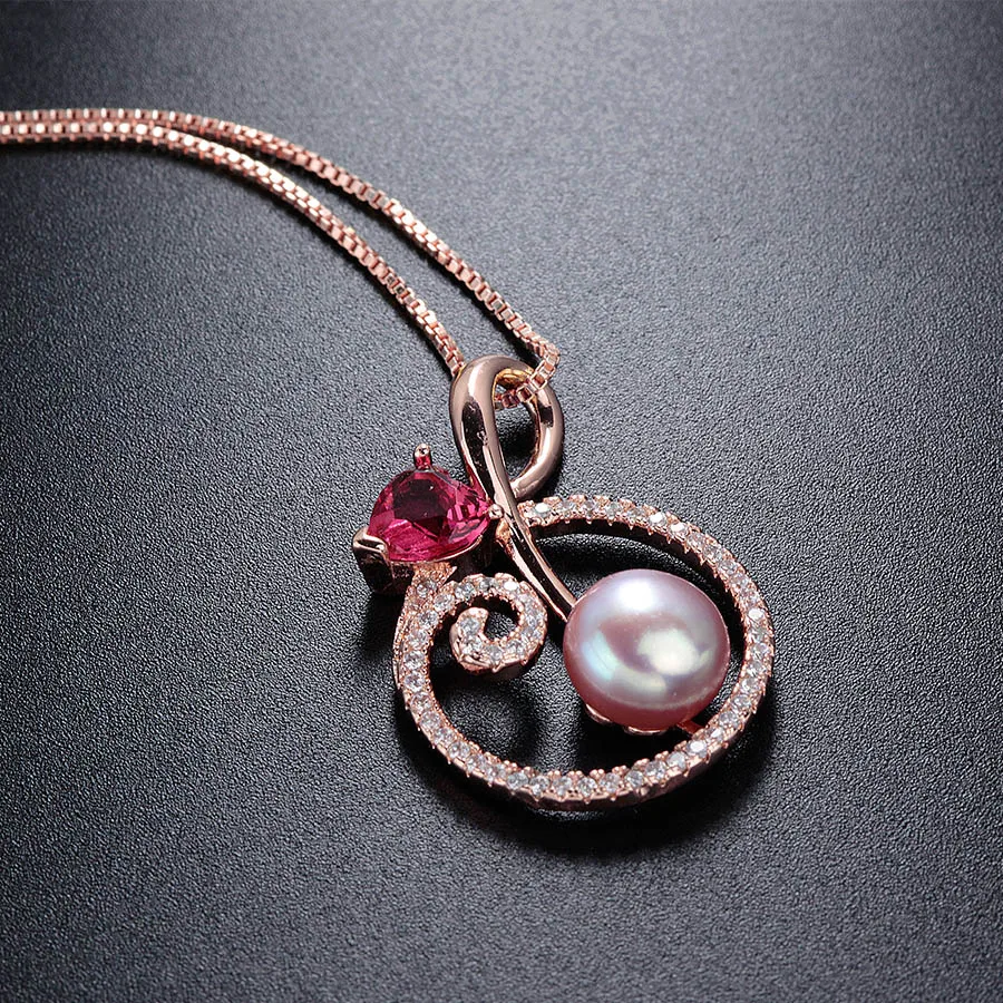 Natural Freshwater Pearl Shiny Pink Love Crystal Pendants Fashion Zircon Rose gold Necklace 925 sterling silver(No Chain) | Украшения и