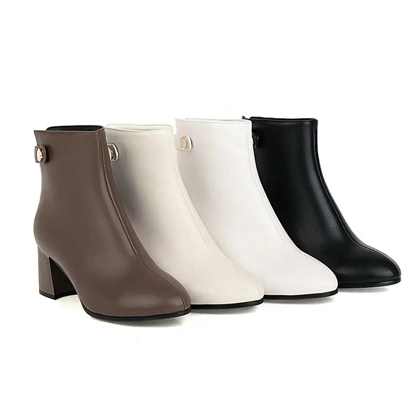 

ESVEVA 2021 Round Toe PU Leather Classic Fashion Square Med Heel Ankle Boots Platform Women Boots Zipper Big Size 34-43