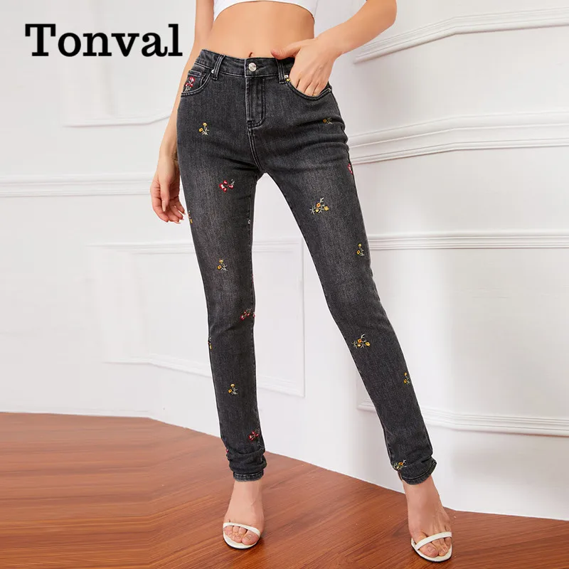 

Женские джинсы в винтажном стиле Tonval, черные облегающие джинсы на молнии с цветочной вышивкой, брюки из денима, уличная одежда на осень 2021