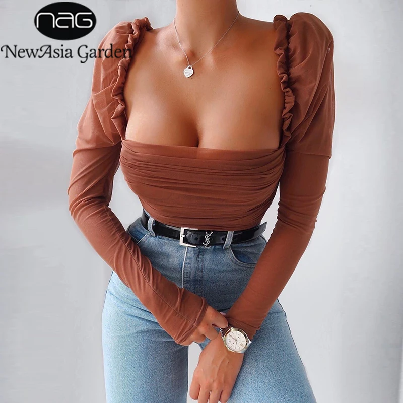 Сексуальный женский комбинезон NewAsia комбинезоны с длинным рукавом и рюшами