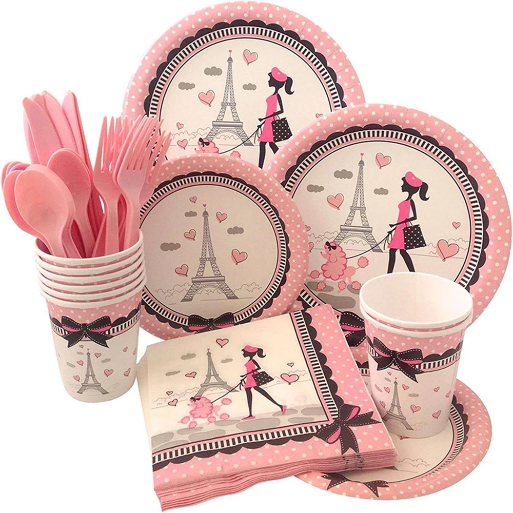 

1 Set Wedding Party Supplies Pink Disposable Tableware Set Girls Birthday Party Decorations Paris Eiffel Tower Paper Plate Cup