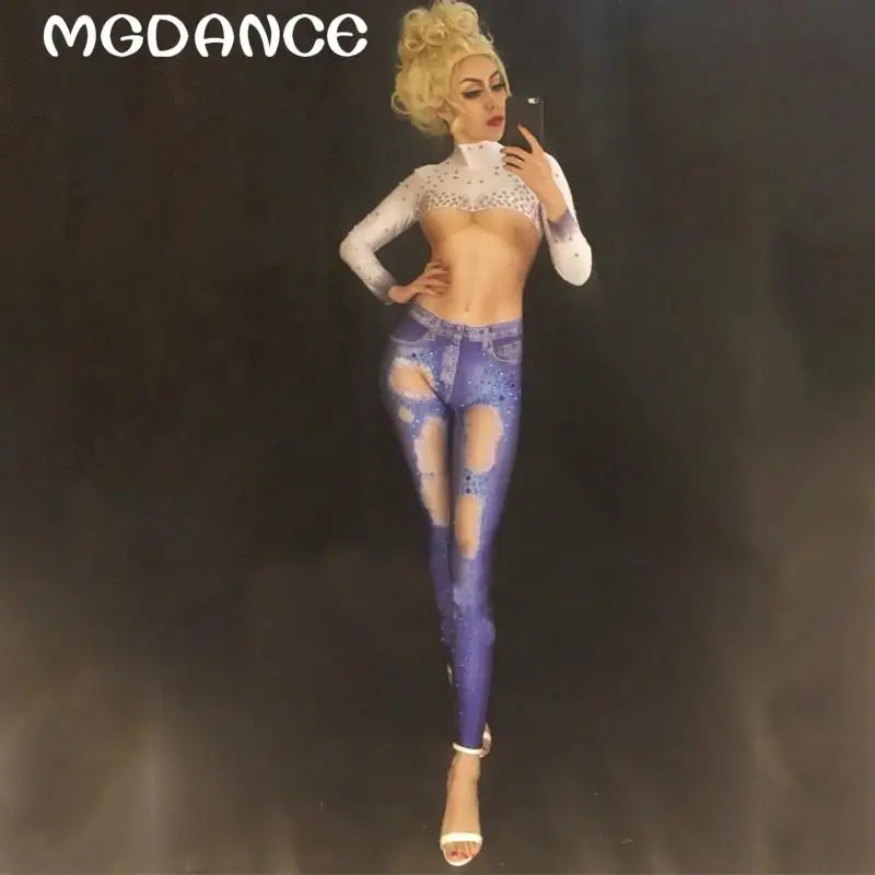 

Hot Sale Glisten Rhinestones Jumpsuit Denim Costume Bling Women Sexy Bodysuit Big Hole Jeans Rompers Female Prom Outfit