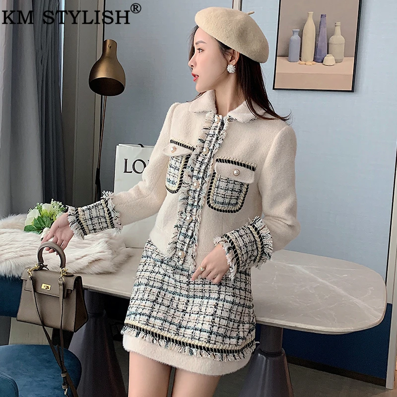 Женский твидовый комплект KM Осень-зима 2019 украшенный жемчужинами пуговицами