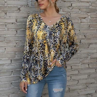 leopard print v neck long sleeve pullover streetwear shirt women casual loose vintage oversized office tops and blouses