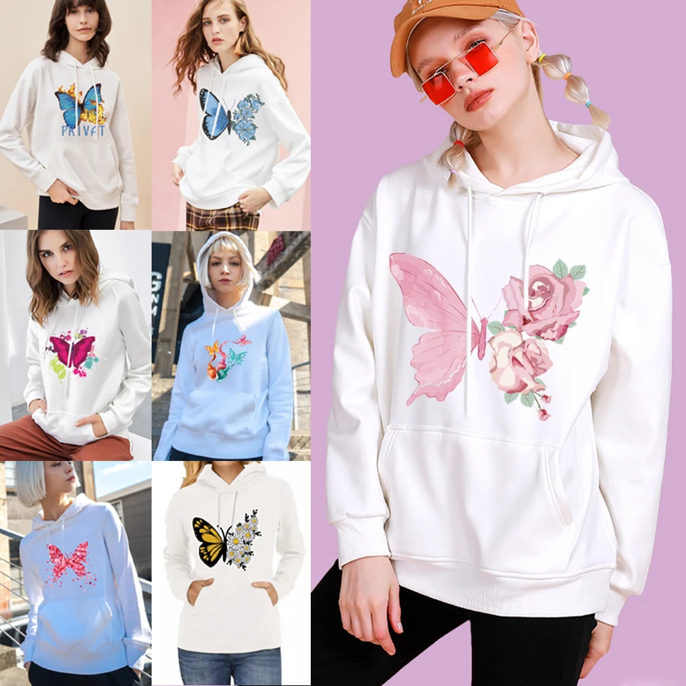 Белая толстовка с принтом бабочек Женский Топ длинным рукавом осенняя круглым