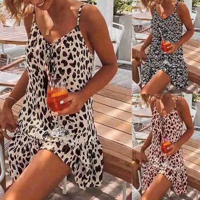 

Sexy Spaghetti Strap Leopard Print Beach Mini Woman Boho Dress 2021 Dress Dresses Summer Neck Casual V Sleeveless Party Loo U4U8