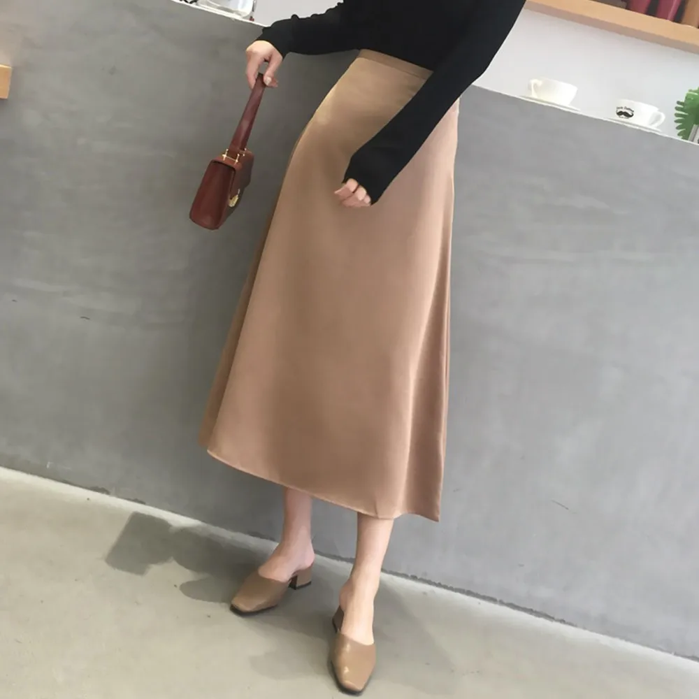 

Fall Winter Solid Dress Lady Korean Fashion Shiny Satin Skirt Plain Shiny Skirt Elegant High Waist Hip Wrap All-match Long Skirt